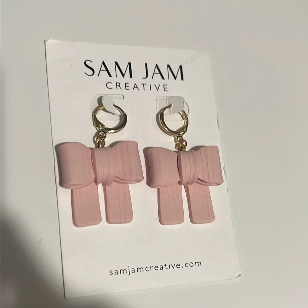 Pink Bow Earrings with Gold Accents - Picture 3 of 3
